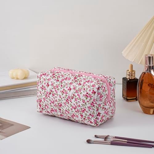 JOVAKIT 2Pcs Makeup Bag Quilted Cosmetic Bag for Women Girls Floral Coquette Cotton Toiletry Zipper Make Up Pouch Travel Storage Organizer Pouch Red Floral - Image 3
