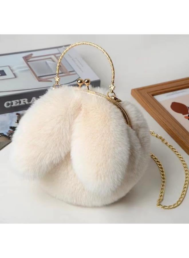 Executive LLC Cute Soft Rabbit Ear Sling Hand Bag With Smooth Zipper,Cross Body Bag For Girls,Clutch Purse with Gold Metal Chain Strap, Plush Side Bag, Shoulder hand Purse(White)  - Image 4