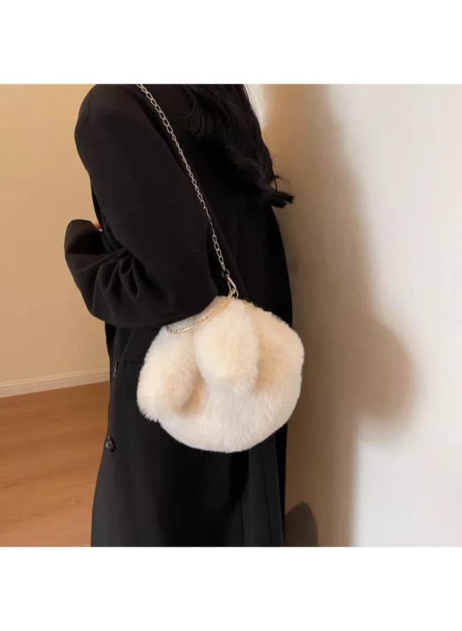 Executive LLC Cute Soft Rabbit Ear Sling Hand Bag With Smooth Zipper,Cross Body Bag For Girls,Clutch Purse with Gold Metal Chain Strap, Plush Side Bag, Shoulder hand Purse(White)  - Image 5