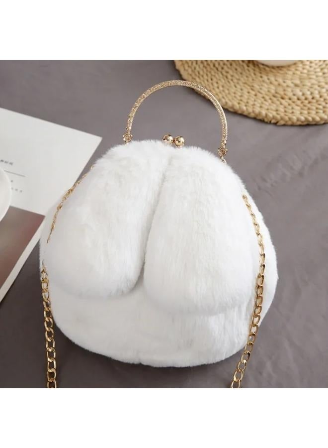 Executive LLC Cute Soft Rabbit Ear Sling Hand Bag With Smooth Zipper,Cross Body Bag For Girls,Clutch Purse with Gold Metal Chain Strap, Plush Side Bag, Shoulder hand Purse(White)  - Image 2