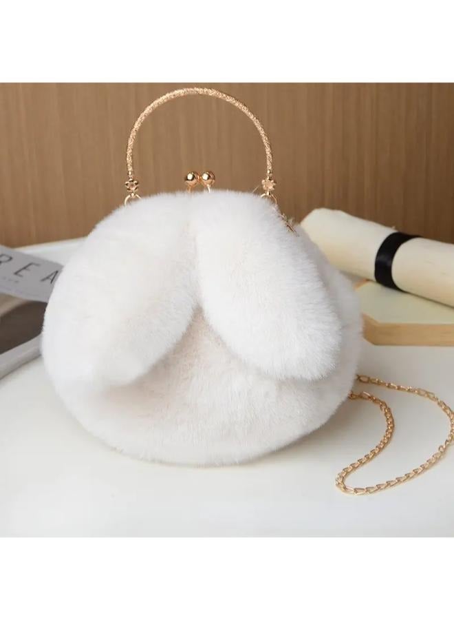 Executive LLC Cute Soft Rabbit Ear Sling Hand Bag With Smooth Zipper,Cross Body Bag For Girls,Clutch Purse with Gold Metal Chain Strap, Plush Side Bag, Shoulder hand Purse(White)  - Image 1