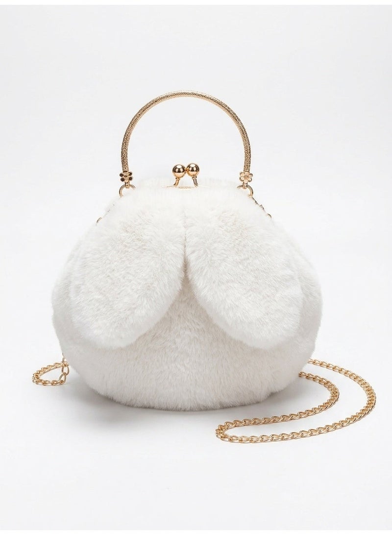 Executive LLC Cute Plush Rabbit Ear Handbag for Women & Girls – Bunny Ear Crossbody Shoulder Bag with Gold Chain Strap, Soft Furry Purse, Clutch Hand Bag, White - Image 1