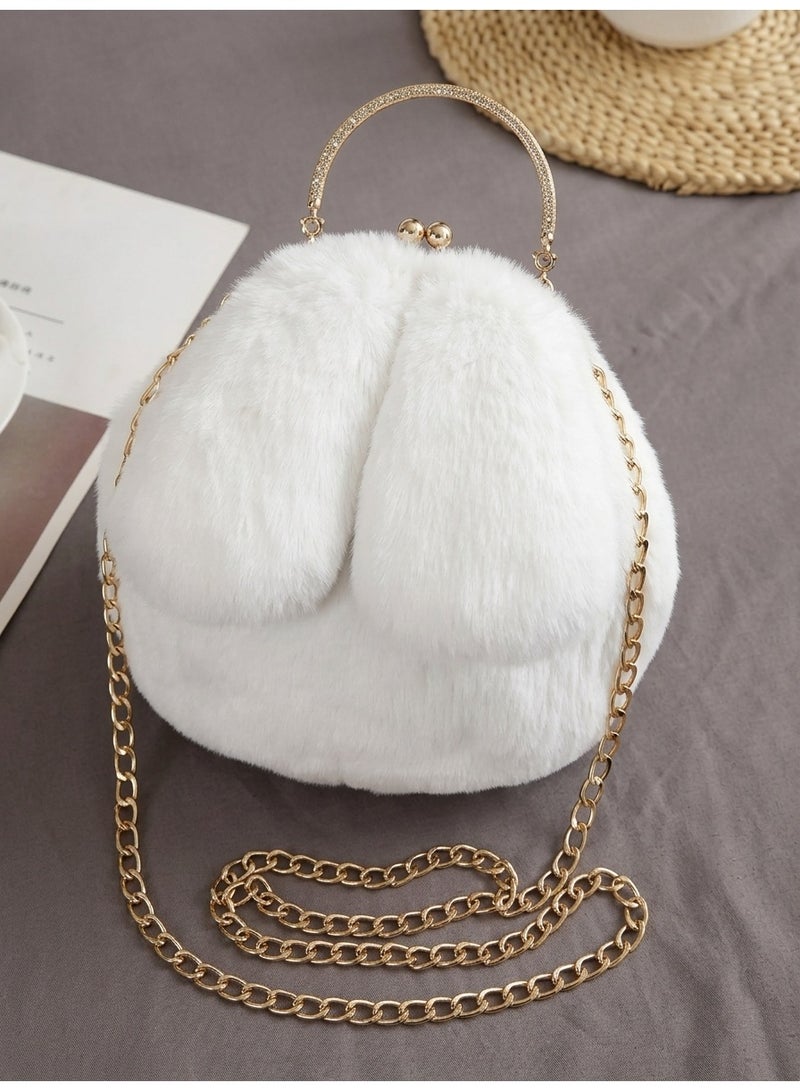Executive LLC Cute Plush Rabbit Ear Handbag for Women & Girls – Bunny Ear Crossbody Shoulder Bag with Gold Chain Strap, Soft Furry Purse, Clutch Hand Bag, White - Image 3
