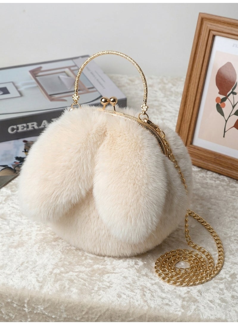 Executive LLC Cute Plush Rabbit Ear Handbag for Women & Girls – Bunny Ear Crossbody Shoulder Bag with Gold Chain Strap, Soft Furry Purse, Clutch Hand Bag, White - Image 5