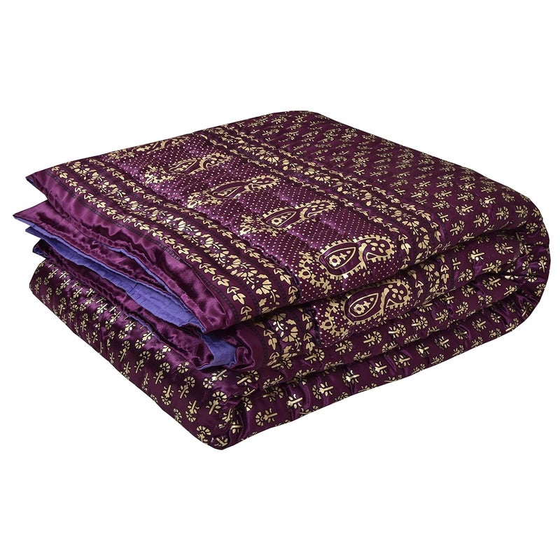 AUROSTYLE 400 TC Silk Fabric Jaipuri Razai Rajasthani Traditional Filling Pure Cotton Light Weight Winter and Summer Rajai Jaipuri Quilt Throw Blanket Purple Double Bed 85 inch x 100 inch - Image 1