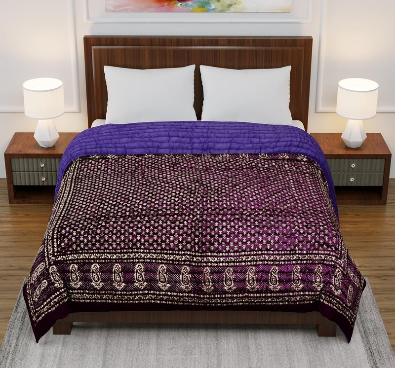 AUROSTYLE 400 TC Silk Fabric Jaipuri Razai Rajasthani Traditional Filling Pure Cotton Light Weight Winter and Summer Rajai Jaipuri Quilt Throw Blanket Purple Double Bed 85 inch x 100 inch - Image 5
