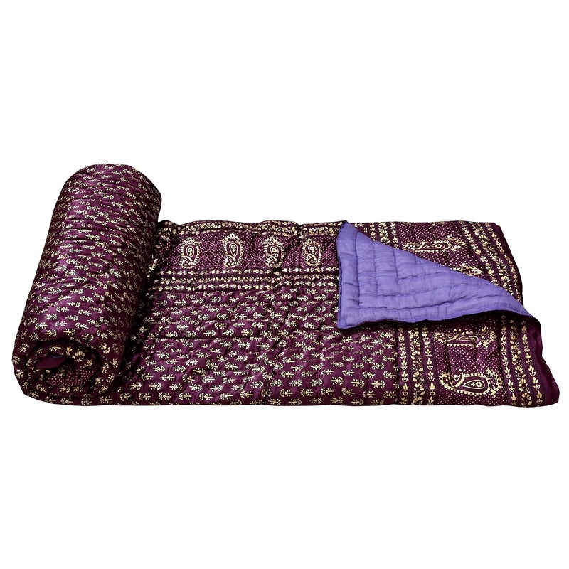 AUROSTYLE 400 TC Silk Fabric Jaipuri Razai Rajasthani Traditional Filling Pure Cotton Light Weight Winter and Summer Rajai Jaipuri Quilt Throw Blanket Purple Double Bed 85 inch x 100 inch - Image 3