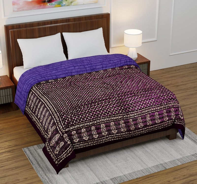 AUROSTYLE 400 TC Silk Fabric Jaipuri Razai Rajasthani Traditional Filling Pure Cotton Light Weight Winter and Summer Rajai Jaipuri Quilt Throw Blanket Purple Double Bed 85 inch x 100 inch - Image 2