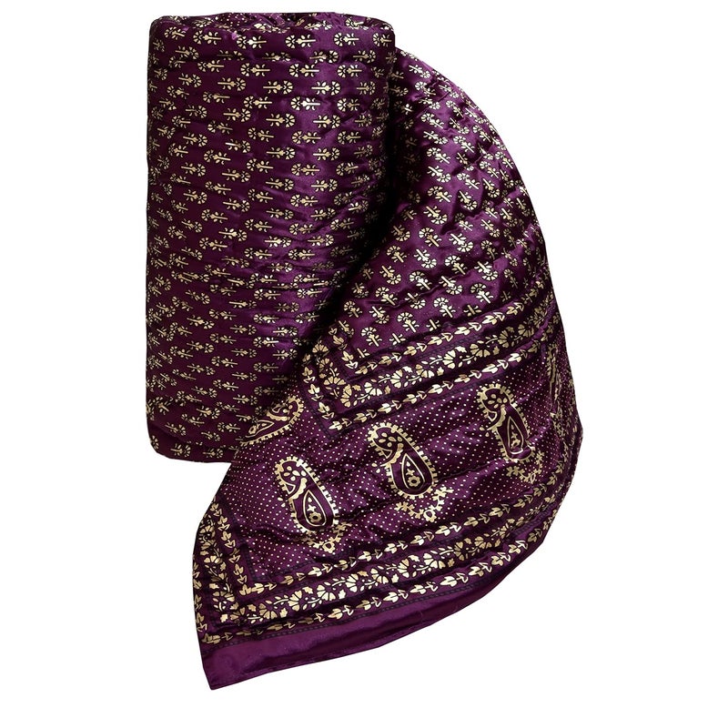 AUROSTYLE 400 TC Silk Fabric Jaipuri Razai Rajasthani Traditional Filling Pure Cotton Light Weight Winter and Summer Rajai Jaipuri Quilt Throw Blanket Purple Double Bed 85 inch x 100 inch - Image 4