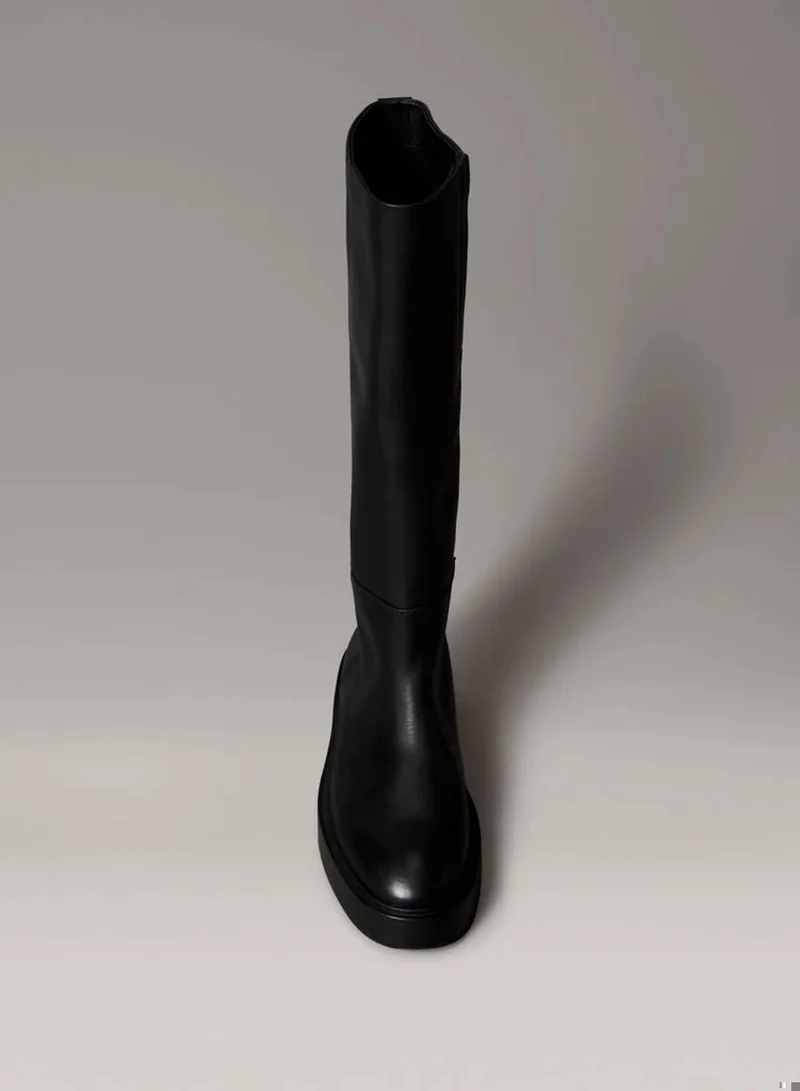 Calvin Klein Jeans PVH Black Leather Stacked Heel Knee Boots for Women | Best Price UAE