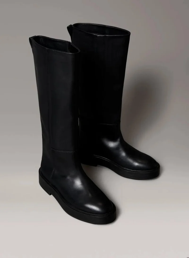 Calvin Klein Jeans PVH Black Leather Stacked Heel Knee Boots for Women | Best Price UAE
