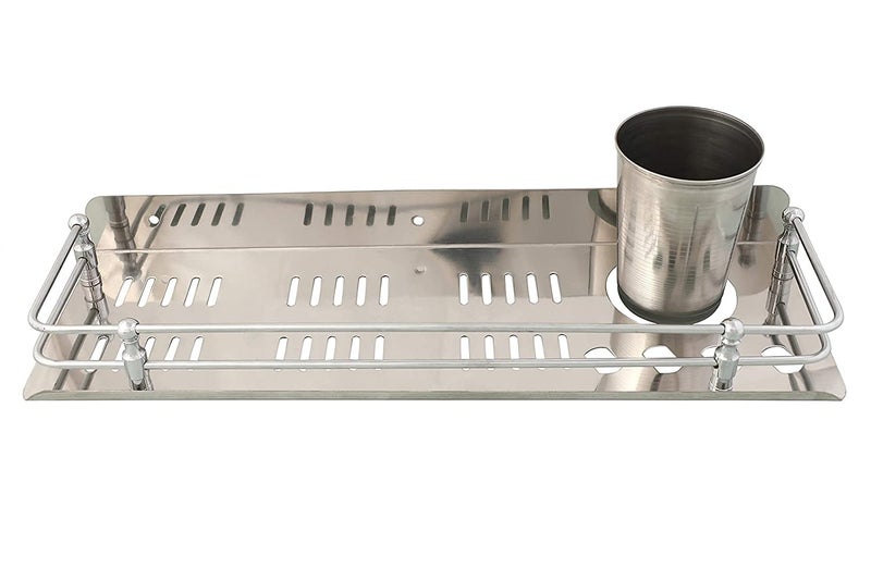 AMPEX Stainless Steel 3 in 1 Multipurpose Bathroom Shelf Rack Towel Hanger Tumbler Holder Bathroom Accessories 15 x 5 Inches Pack of 1 - Image 2