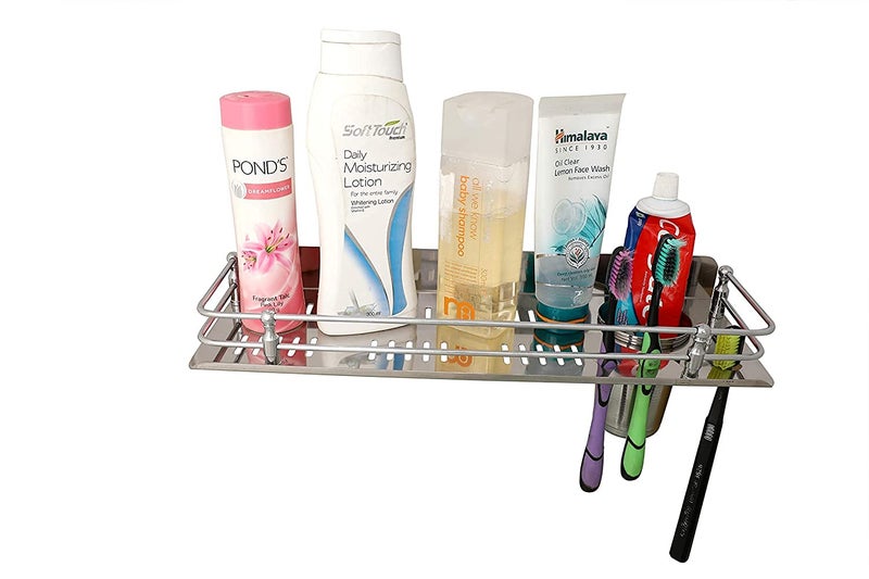 AMPEX Stainless Steel 3 in 1 Multipurpose Bathroom Shelf Rack Towel Hanger Tumbler Holder Bathroom Accessories 15 x 5 Inches Pack of 1 - Image 1