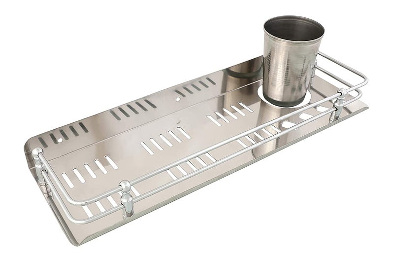 AMPEX Stainless Steel 3 in 1 Multipurpose Bathroom Shelf Rack Towel Hanger Tumbler Holder Bathroom Accessories 15 x 5 Inches Pack of 1 - Image 3