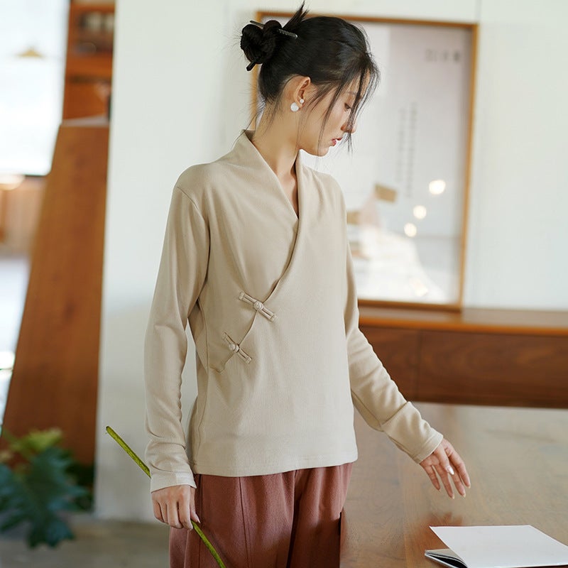 New Chinese Style Womens 2024 Autumn and Winter New Knitted Sweater Womens Chinese Style Slant Placket Button Retro Velvet Top Qiuxiang Rice - Image 1