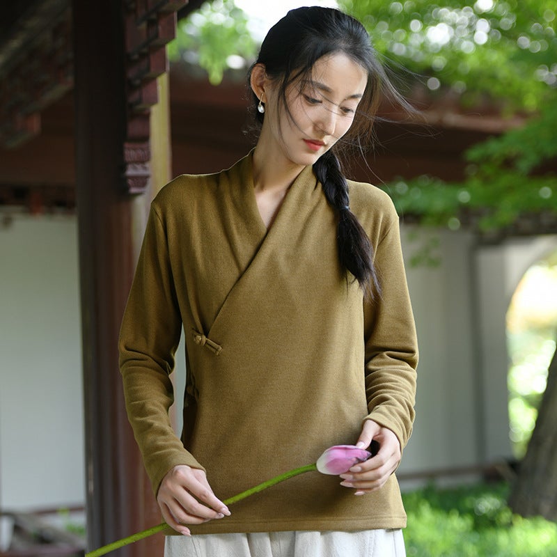 New Chinese Style Womens 2024 Autumn and Winter New Knitted Sweater Womens Chinese Style Slant Placket Button Retro Velvet Top Qiuxiang Rice - Image 3