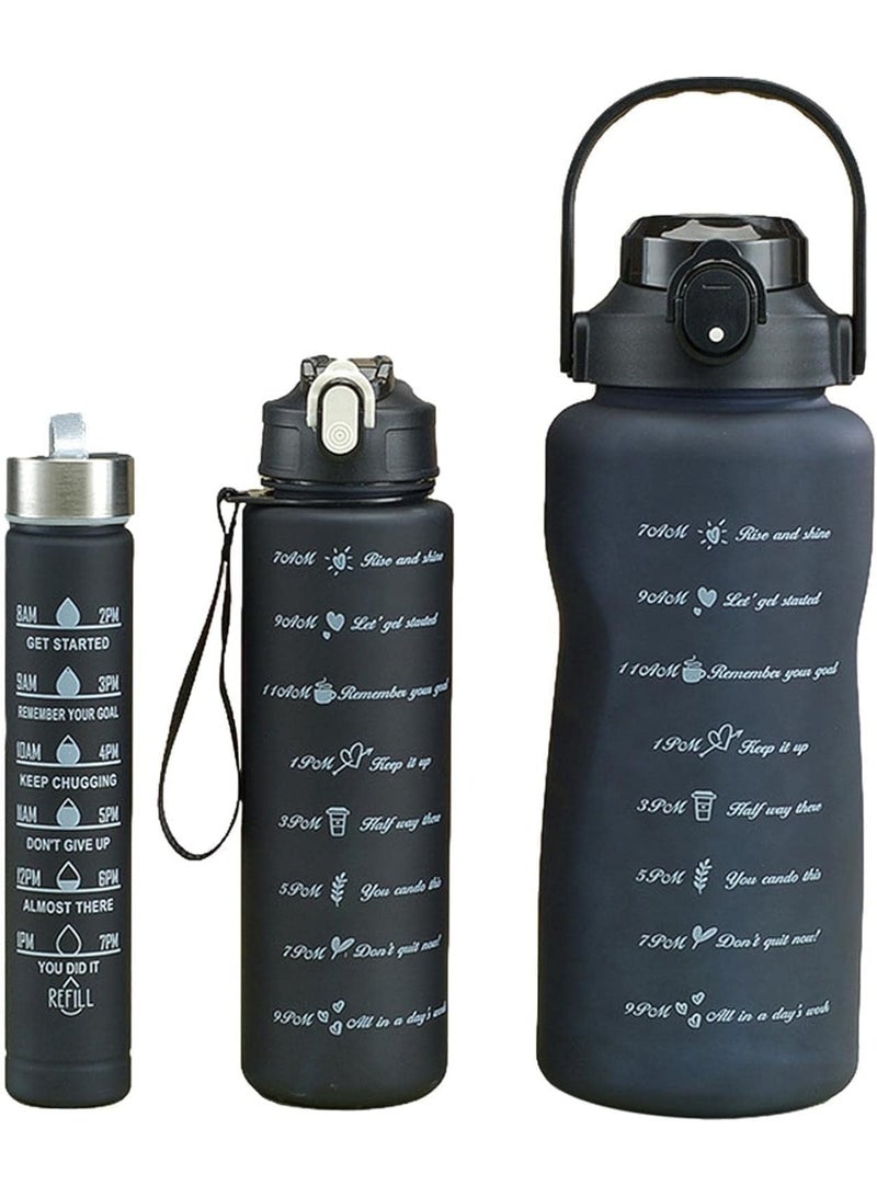 طقم زجاجات مياه رياضية تحفيزية 3 قطع 2L-1L-500 مل (اسود) - Image 1