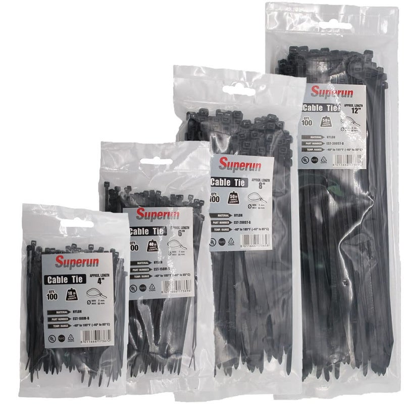 Superun 400 Packs Black Zip Ties Assorted Sizes 46812 Inch Wire Ties Heavy Duty Cable Ties Set Zipties Variety Pack - Image 2
