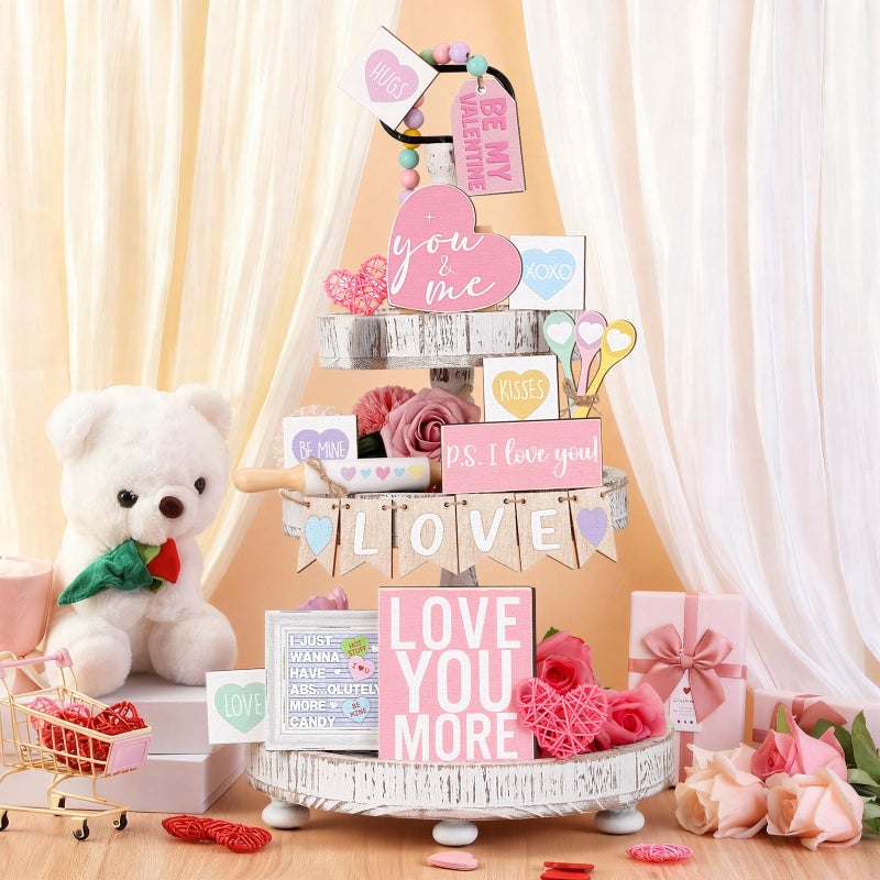 Marsui 19 Pcs Pastel Valentine's Day Tiered Tray Decor Set, Conversation Candy Heart Wood Signs with Love Be Mine, Sweet Colorful Valentines Table Decor for Home Kitchen Living Room - Image 2