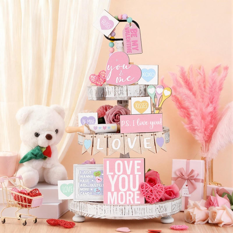 Marsui 19 Pcs Pastel Valentine's Day Tiered Tray Decor Set, Conversation Candy Heart Wood Signs with Love Be Mine, Sweet Colorful Valentines Table Decor for Home Kitchen Living Room - Image 5