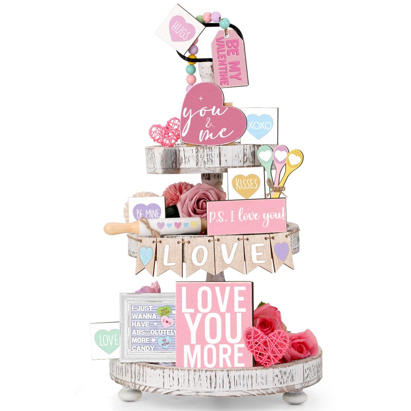 Marsui 19 Pcs Pastel Valentine's Day Tiered Tray Decor Set, Conversation Candy Heart Wood Signs with Love Be Mine, Sweet Colorful Valentines Table Decor for Home Kitchen Living Room - Image 1
