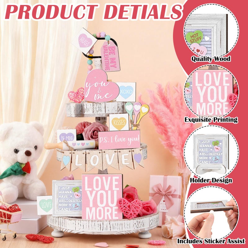 Marsui 19 Pcs Pastel Valentine's Day Tiered Tray Decor Set, Conversation Candy Heart Wood Signs with Love Be Mine, Sweet Colorful Valentines Table Decor for Home Kitchen Living Room - Image 4