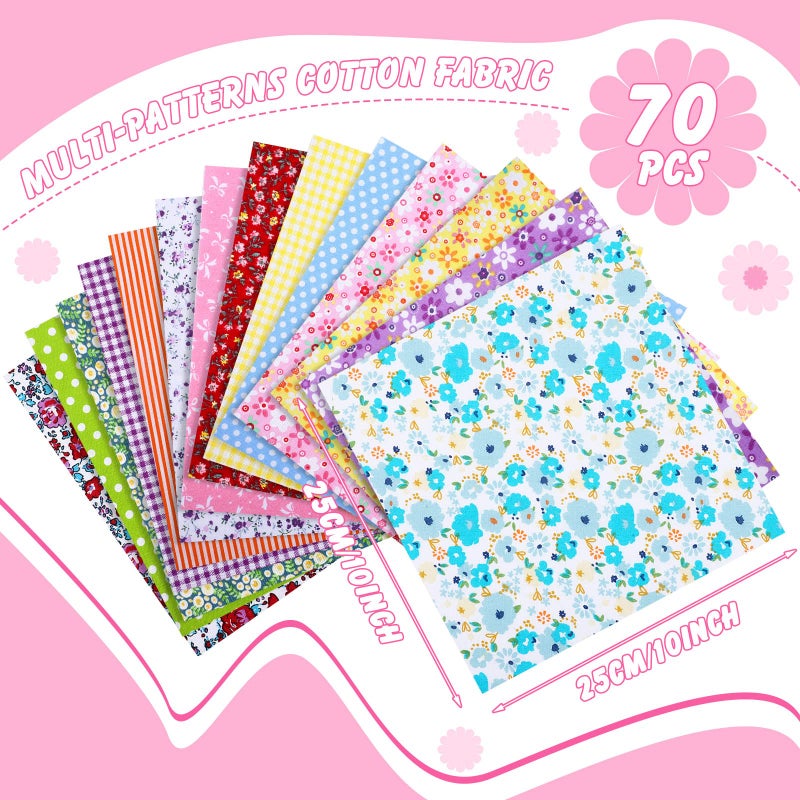 Tudomro 70 Pcs 10 x 10 Inch Cotton Fabric Squares Multicolor Quilting Fabric Bundles Precut Printed Patchwork Materials for Holiday DIY Crafts Cloths Handmade(Elegant Style) - Image 2
