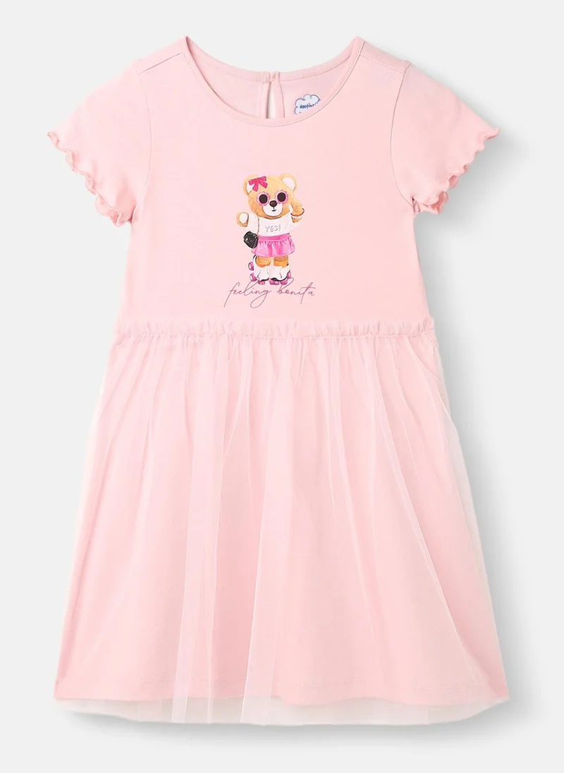 Nautinati Girls’ Knit and Woven Frock |Graphic Printed Tulle Dress| 2-10 Years