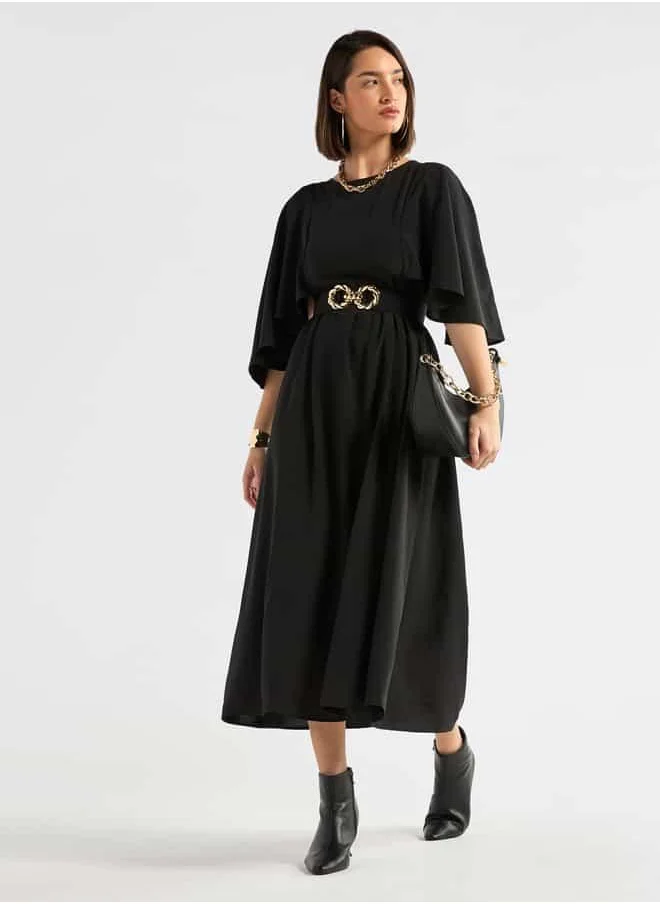 FAV Solid Midi Dress with Flutter Sleeves and Tie-Up Belt