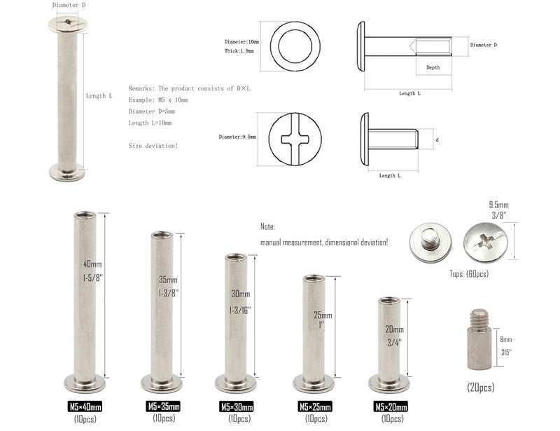 LBY 120pcs Phillips Chicago Screws, M5 x 20/25/30/35/40mm Binding Screw Posts, Binding Barrels and Screws Assortment Kit, with Extention Posts (20pcs), Nickel-Plated (Silvery) - Image 5