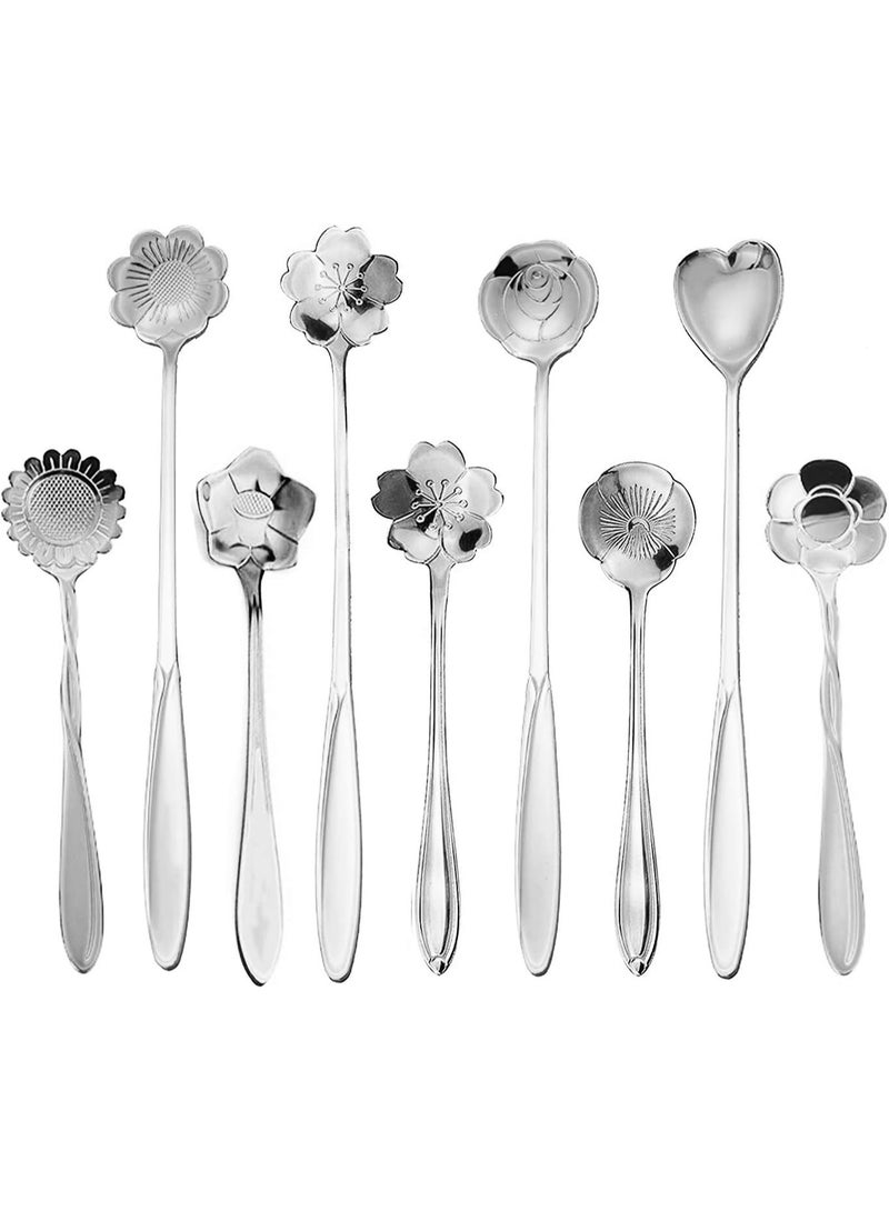 ESRISE 9 Pcs Flower Spoon Coffee Teaspoon Set, ESRISE Stainless Steel Tea Spoon for Tea Party Decorations (Silver) - Image 1