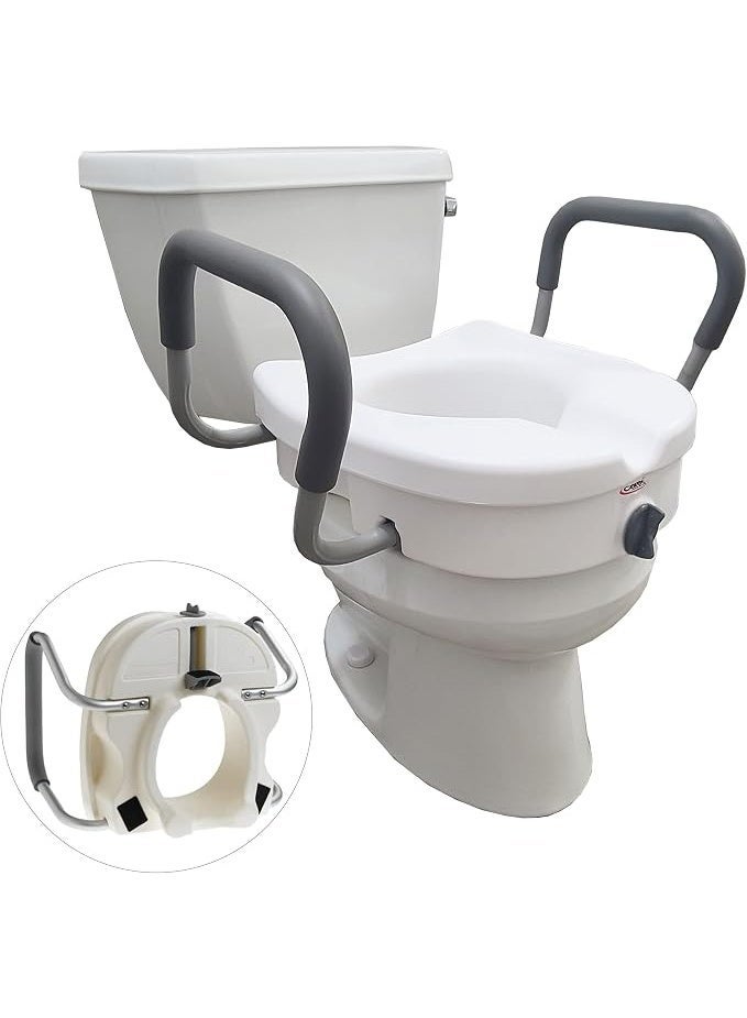Raised toilet seat with locking system and 5-inch height handles with adjustable padded armrests. Fits round and rectangular toilets. - Image 1
