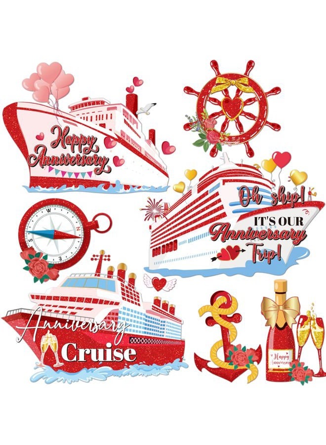 Dazoratix Anniversary Cruise Door Magnets - 7 Pcs Happy Red and Gold Ship Cabin Magnetic Stickers Anchor Stateroom Accessories Wedding Party Carnival Holiday Fridge Decal Refrigerator Car Garage Decor - Image 1