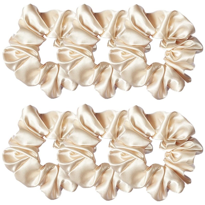 6 Pcs Satin Silk Scrunchies Soft Hair Ties Fashion Hair Bands Bow Ropes Elastic Ponytail Holders for Women and Girls 45 Inch Beige