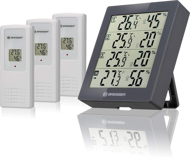 BRESSER Temeo Hygro Quadro Wireless Weather Station with Outdoor Sensor, Includes 3 Outdoor Sensors to Measure and Control Temperature and Humidity Simultaneously in 4 Environments, Grey Labor saving optimized design - Image 1