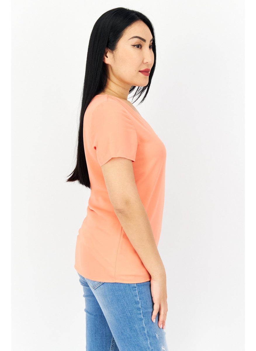 Zero - Women V-Neck Short Sleeves Plain Blouse, Orange - Image 1
