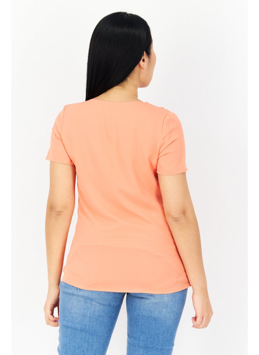 Zero - Women V-Neck Short Sleeves Plain Blouse, Orange - Image 1