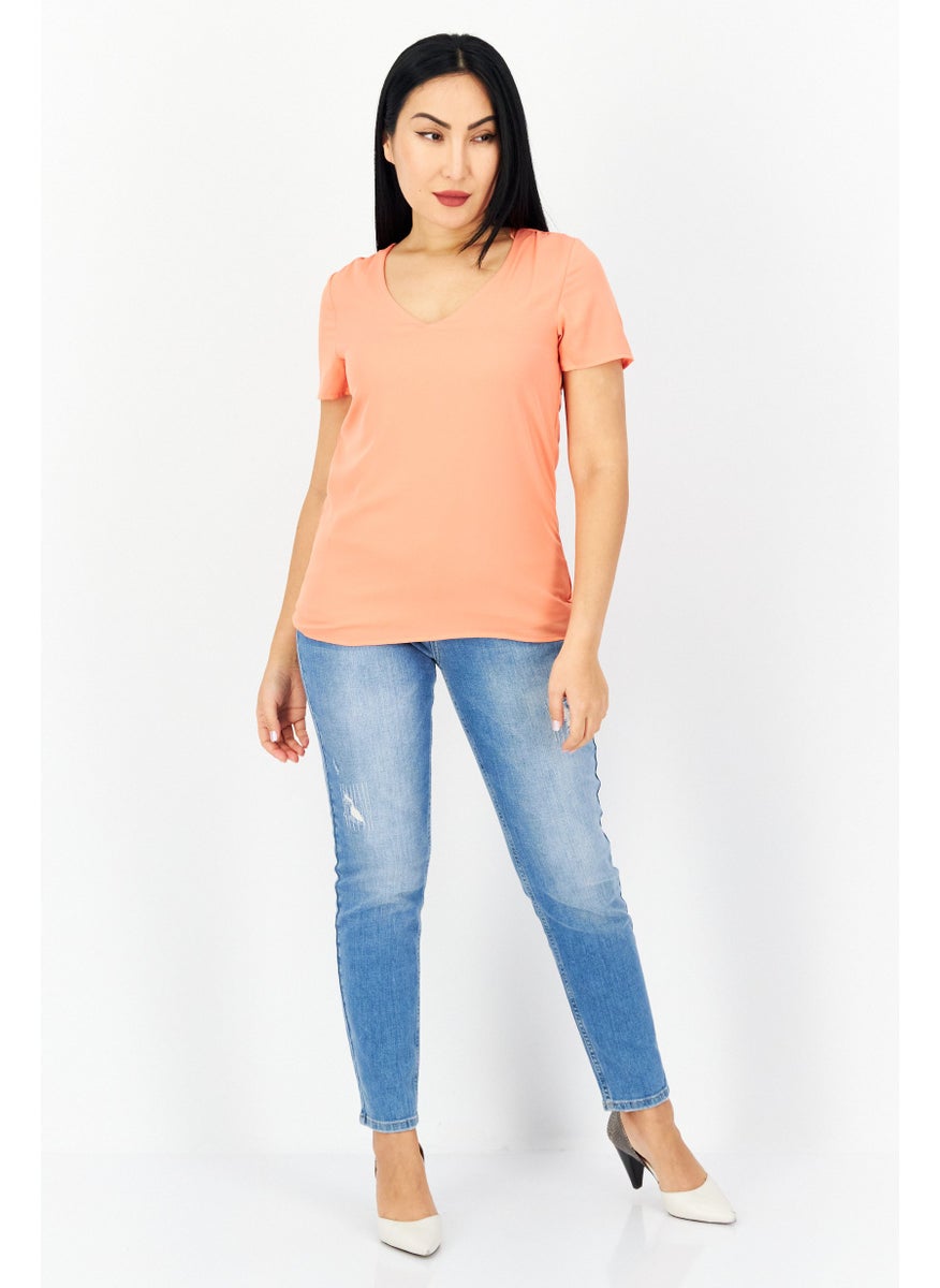 Zero - Women V-Neck Short Sleeves Plain Blouse, Orange - Image 1