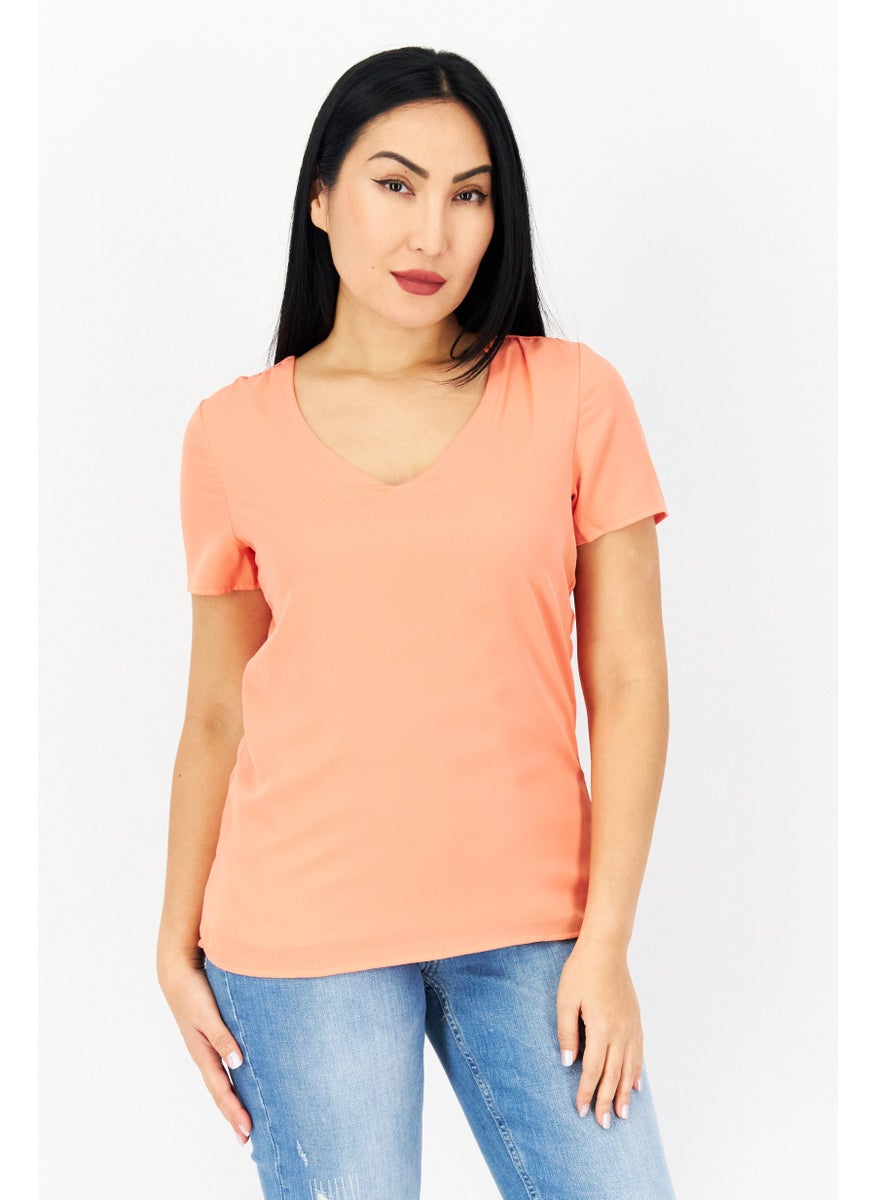 Zero - Women V-Neck Short Sleeves Plain Blouse, Orange - Image 1