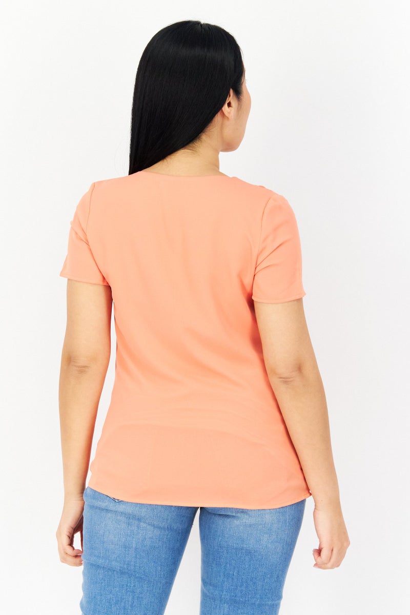Zero Women V-Neck Short Sleeves Plain Top, Orange - Image 2