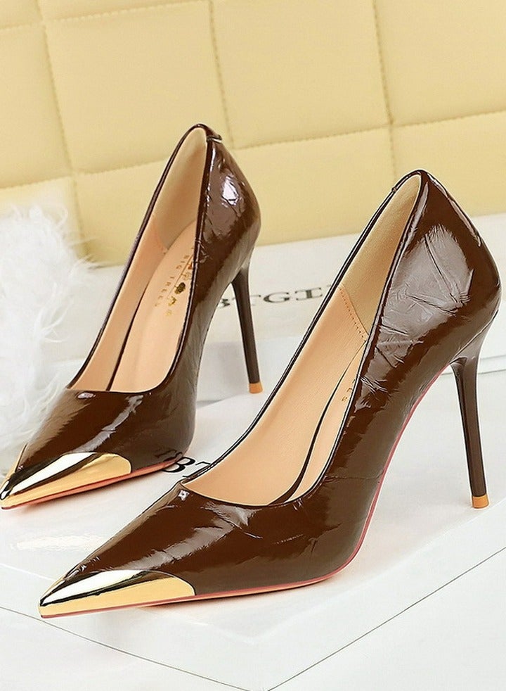 BIGTREE Women's Elegant Metal Closed Pointed Toe Party Stiletto Pumps Patent Leather High Heels 9.5CM Dark Brown - Image 1