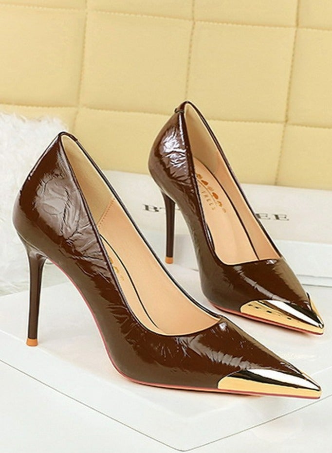 BIGTREE Women's Elegant Metal Closed Pointed Toe Party Stiletto Pumps Patent Leather High Heels 9.5CM Dark Brown - Image 2