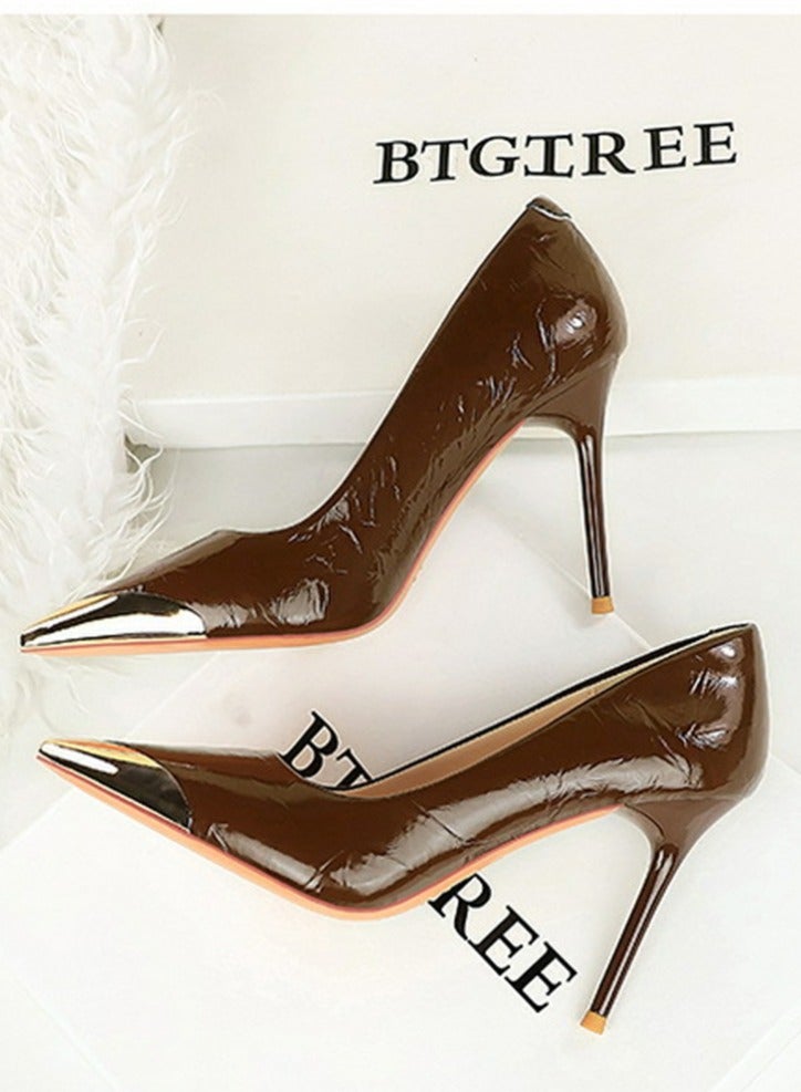 BIGTREE Women's Elegant Metal Closed Pointed Toe Party Stiletto Pumps Patent Leather High Heels 9.5CM Dark Brown - Image 3