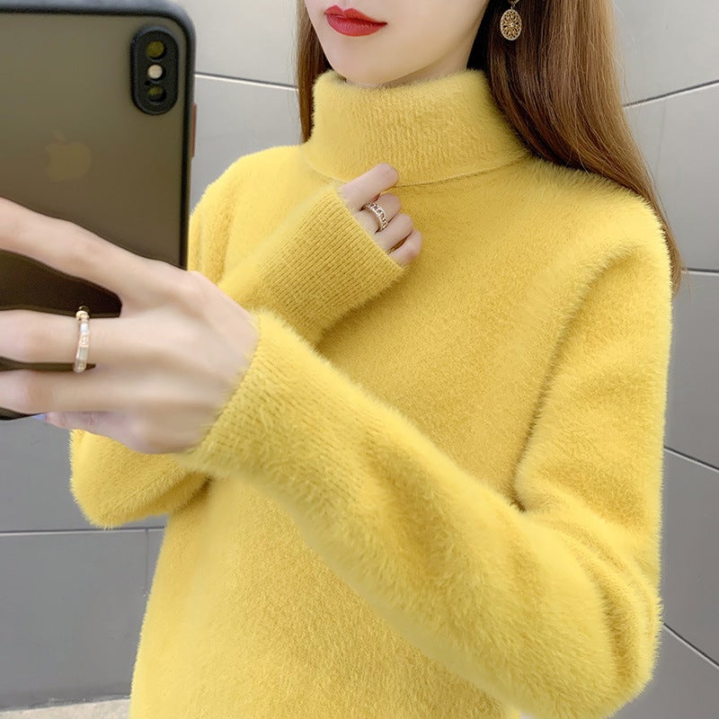 Womens turtleneck sweater 2024 autumn and winter New thickened mink velvet undershirt pullover loose sweater 1408 yellow - Image 1