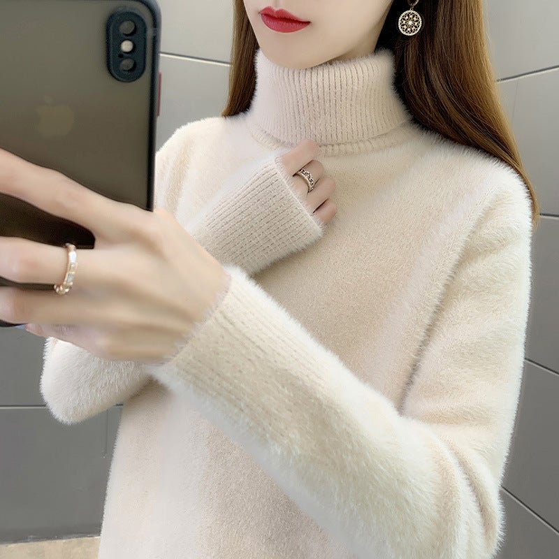 Womens turtleneck sweater 2024 autumn and winter New thickened mink velvet undershirt pullover loose sweater 1408 yellow - Image 3
