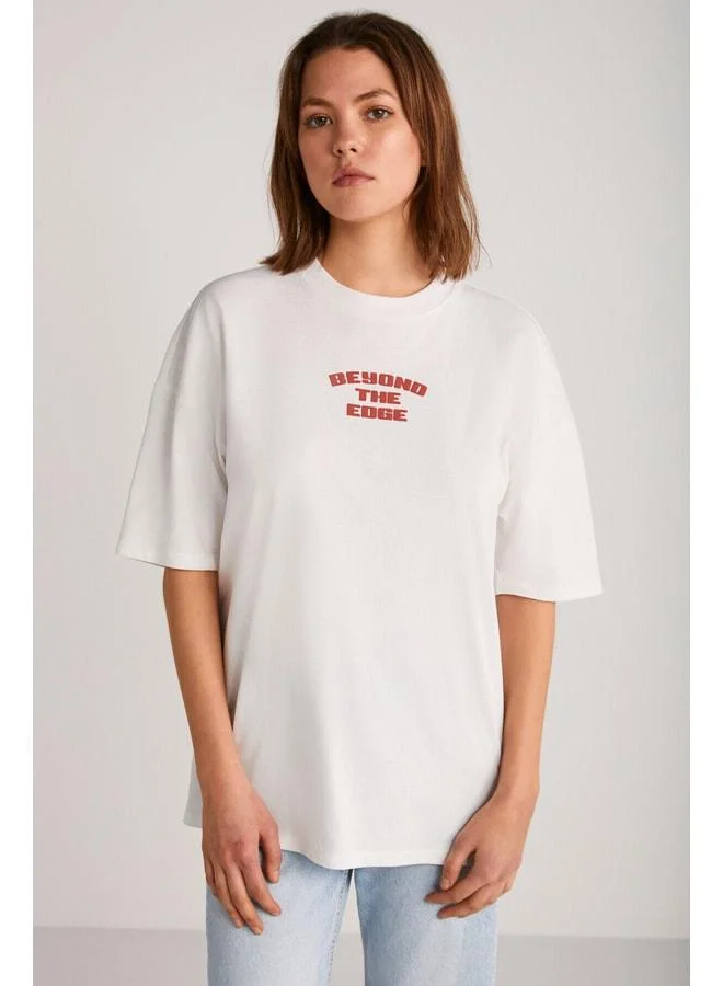 Grimelange Arcadia Women's Front and Back Text Detailed 100% Organic Cotton Beige/Red T‑shirt.