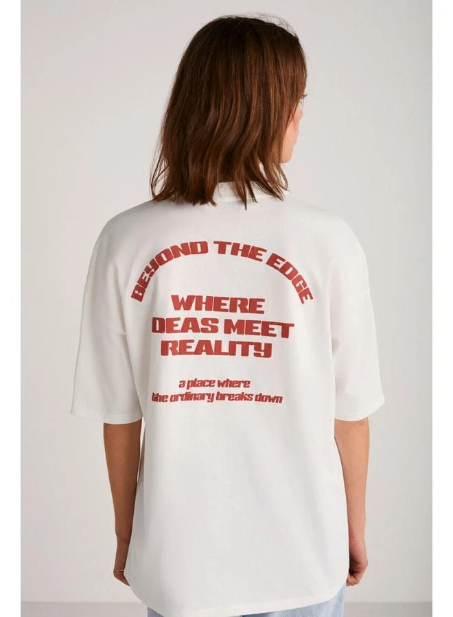 Grimelange Arcadia Women's Front and Back Text Detailed 100% Organic Cotton Beige/Red T‑shirt.