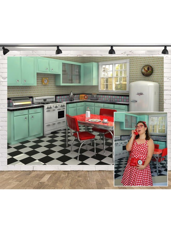 Loccor Fabric 7x5ft Retro Kitchen Backdrop for Photography Interior Cooking Dining Scene Background 1950s Dinner Party Banner Birthday Decorations Kids Adult Portrait Video Photo Shoot Props - Image 1