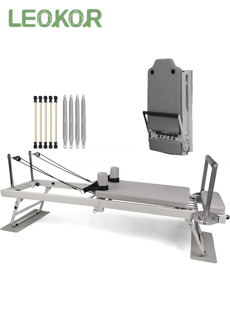 LEOKOR Pilates Reformer, Foldable Reformer Pilates Machine, Yoga Pilates Core Bed for Home and Gym Use, with Dual Resistance Springs and Cords, Pilates Equipment for Home Workouts with Jump Board Grey  - Image 1