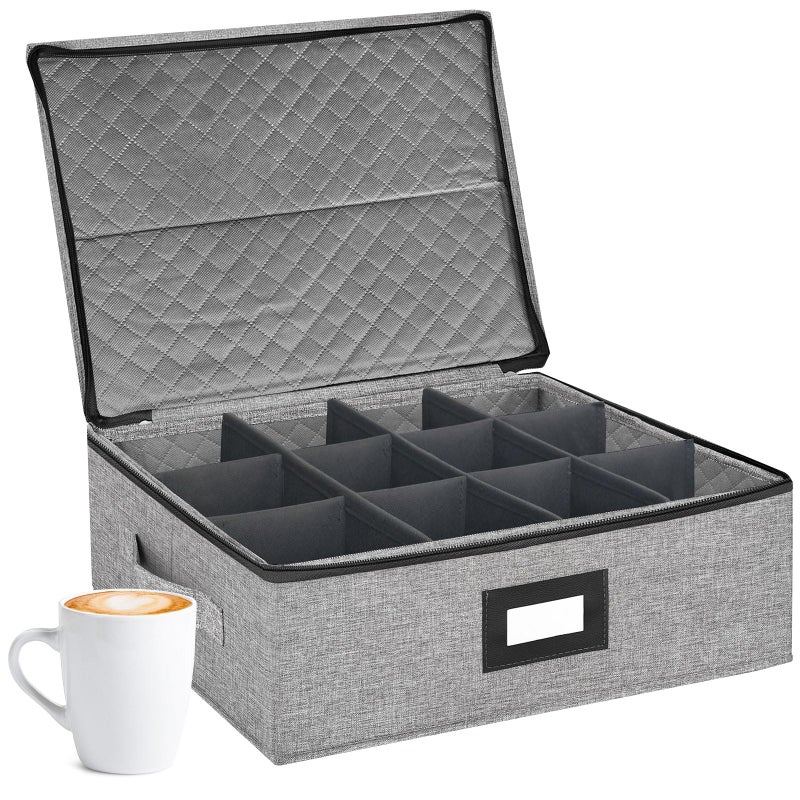 VERONLY Coffee Mug Storage Box with Dividers China Storage Containers Hard Shell Glassware Storage Containers with Zipper Lid and Handles Stackable for 12 Mugs Tea Cups Moving  Packing Light Grey